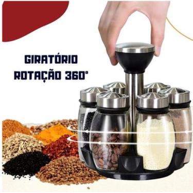 Imagem de Kit 6 Porta Tempero Condimento Vidro Suporte Giratório Inox - mbr
