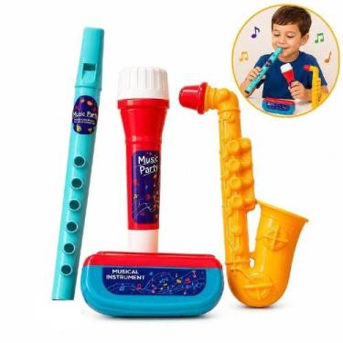 Imagem de Kit Bandinha Musical Infantil Flauta Microfone Saxofone Gaita 4 Peças 