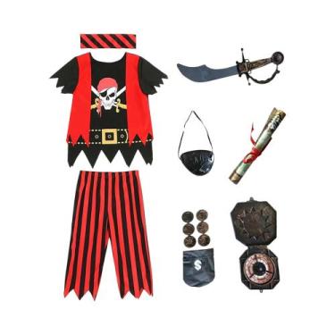 Imagem de Conjunto De Fantasia Infantil Pirata Caveira: Camisa Listrada Estampad