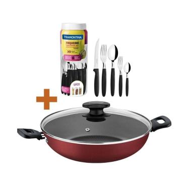 Imagem de KIT - Panela Wok Alumínio 28Cm Loreto Vermelho + 1 Faqueiro 30pç - Tramontina