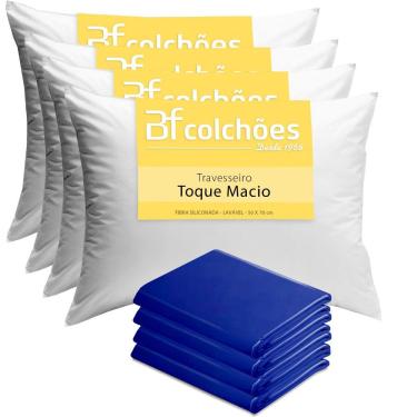 Imagem de Kit 4 Travesseiro Fibra Siliconada Lavável Antialérgico 50x70cm + 4 Capas Impermeável Hospitalar Courvin 50x70cm BF Colchões