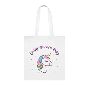 Imagem de Bolsa feminina Crazy Unicorn Lady, presente de dama de unicórnio, bolsa de ombro de unicórnio, sacos reutilizáveis de unicórnio, cesta de Natal de aniversário, ideia de, Branco