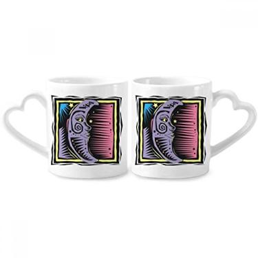 Imagem de Conjunto de canecas de porcelana para casais com elemento mexicano e estrelas roxas e lua com coração