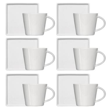 Imagem de Jogo 6 Xícaras de Café 90ml em Porcelana com Píres Quadrado Branca Germer