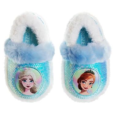 Imagem de Disney Pantufas femininas Frozen Elsa e Anna | Pantufas leves e quentes de pelúcia, Azul, branco, 5-6 Toddler