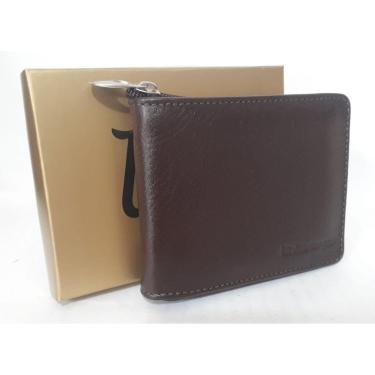 Imagem de Carteira masculina de couro ziper porta moedas cartão Marrom
