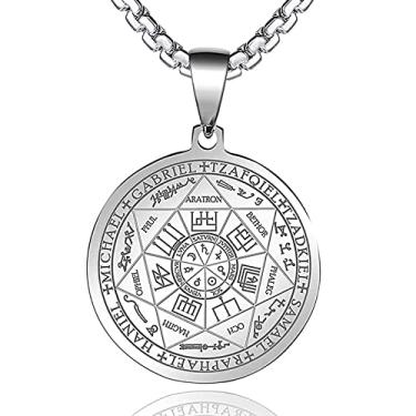 Imagem de FLYUN Colar com pingente de sete arcanjos para homens e mulheres proteção amuleto arcanjo Michael moeda colar com pingente Gabriel Uriel colar de medalha espiritual de aço inoxidável 61 cm, Aço