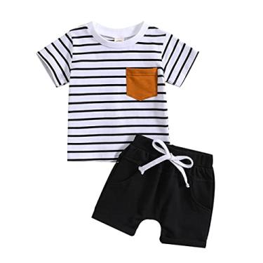 Imagem de Roupas infantis de verão para meninos, manga curta, listradas, estampas, camisetas, pulôver, conjuntos de shorts e roupas, Branco, 2-3 Anos