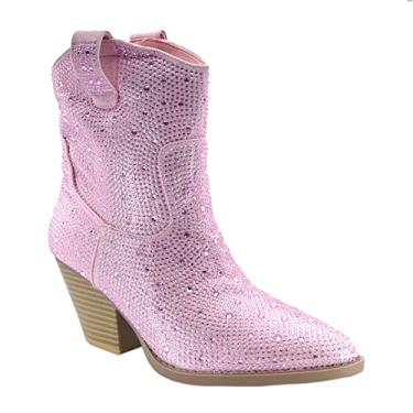 Imagem de ABSOLEX Bota feminina Western Cowgirl Cowboy bico fino strass tornozelo, rosa, 35