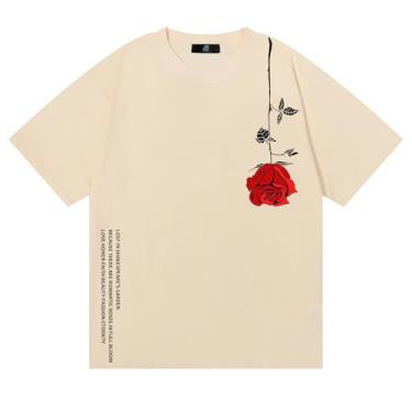 Imagem de JBB Camiseta masculina hip hop V estampada manga curta camiseta de algodão gola redonda para homens e mulheres, Cáqui rosa, M