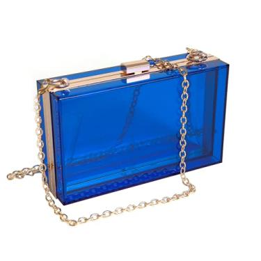 Imagem de WJCD Bolsa feminina transparente de acrílico, bolsa de mão pequena transparente transversal para noite aprovada pelo estádio com alça de corrente dourada, Azul-real, Small