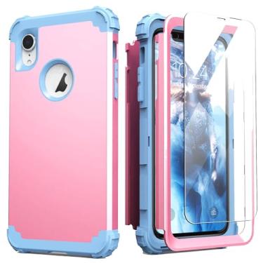 Imagem de Capa para iPhone XR, capa para iPhone XR com protetor de tela (vidro temperado), IDweel 3 em 1 à prova de choque, capa híbrida resistente de policarbonato rígido, capa de corpo inteiro de silicone macio, rosa/azul claro