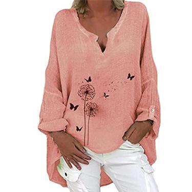 Imagem de Camisetas femininas de linho com estampa floral, túnica de gola redonda, manga curta, solta, casual, para sair, rosa, 3G