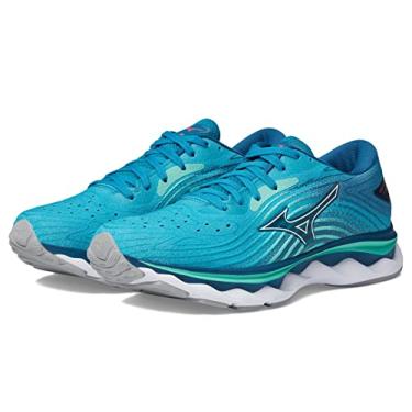 Imagem de Mizuno Tênis de corrida feminino Wave Sky 6, Azul esmaltado/branco, 41