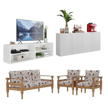Imagem de Rack Tv 75" com Aparador e Jogo de Sofá Multimóveis Cr45236 Branco/imbuia/floral Rosa