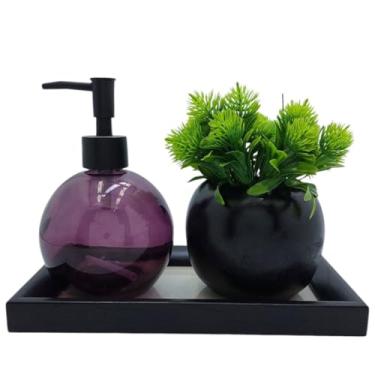 Imagem de Up2u Decor - Kit de Banheiro Rústico Moderno com Bandeja MDF Rafia, Saboneteira, Vaso de Cimento e Planta Artificial Roxo