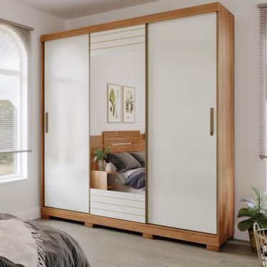 Imagem de Guarda Roupa Casal com Espelho e Pés 3 Portas de Correr 100 MDF Búzios Panan - Cinamomo/Off White