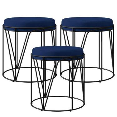 Imagem de Kit 03 Puffs Decorativo Aramado Preto Zaya L02 Suede Azul Marinho - Ly