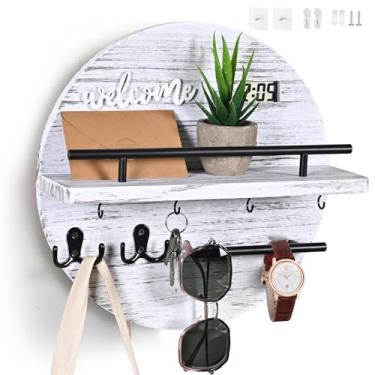 Imagem de LEIRUOTM Porta-chaves para parede, organizador de chaves e correio rústico de madeira redonda para parede - Suporte de parede para entrada, mudroom, corredor, cozinha, escritório - decoração de casa