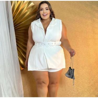 Imagem de Macaquinho Plus Size Manga Cavada Elegância Conforto - On.shop, Branco