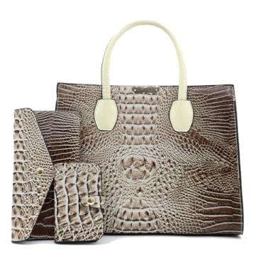 Imagem de Bolsa feminina de couro sintético envernizado com alça superior, bolsa tiracolo de ombro com estampa de crocodilo, conjunto de 3 peças, Caqui, 32cm x 14cm x 25cm