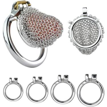 Imagem de Gaiola para pênis de aço inoxidável, malha respirável, gaiola para pênis de metal com 4 tamanhos de anel para escolher entre cinto de castidade para homens, brinquedo sexual de castidade(Rund 45mm)