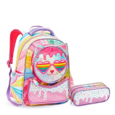 Imagem de Kit Mochila e Estojo Infantil Escolar Gatinha Holográfica