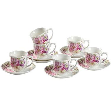 Imagem de Conjunto de copos e pires de café de 200 ml – 6 conjuntos de xícaras de chá de 220 ml com padrão de pintura de flores e porcelana da China para Mocha Cappuccino, Fino, 7 OZ, 7OZ, 6
