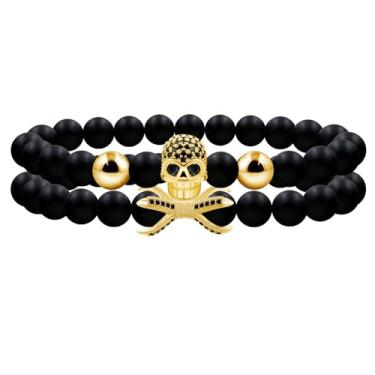 Imagem de Vivaday Pulseira masculina elástica de caveira 2 peças com 8 mm de obsidiana preta com contas de osso esqueleto de energia de cura para marido, namorado, presente de dia dos pais YA4723, Medium,