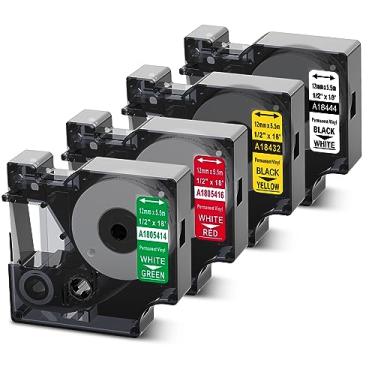 Imagem de Oozmas Etiquetas de vinil de substituição de 1/2 polegada para Dymo Rhino 4200 5200 fitas de etiqueta vermelho, verde, amarelo e branco 18444 18432 1805414 1805416 para fabricantes de etiquetas Rhino, 12 mm (1/2") x 5,5 m (18'), 4 cartuchos coloridos
