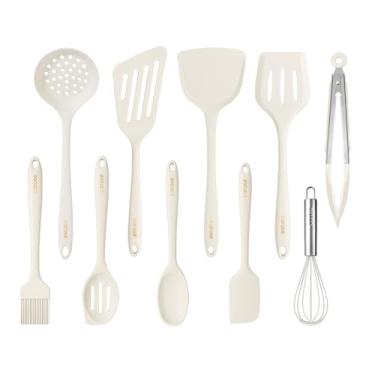 Imagem de CAROTE Conjunto de utensílios de cozinha para panelas antiaderentes, 10 peças, branco, espátula inodora, espátula