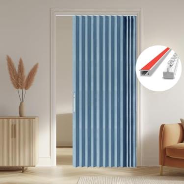 Imagem de AJAZZ 100% blackout porta sanfonada portas sanfonadas interior invisível porta dobrável cortina magnética para quarto sala de estar conjuntos de cortinas incluídos trilhos (1 painel, 53L x 79 C, azul)