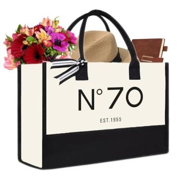 Imagem de QLSKO Sacola de lona para presente de aniversário de 70 anos, N°70 EST.1954 Bolsa de praia de lembrança 70 festa presente de aniversário para ela setenta, 1955 70th Basic