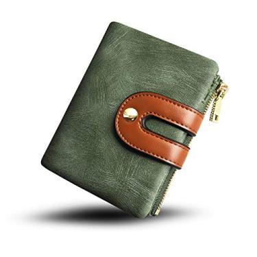 Imagem de Carteira feminina pequena de couro com duas dobras RFID e bolso para moedas, compacta e macia, Verde, Small