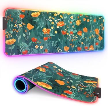 Imagem de ITNRSIIET Mouse pad RGB para jogos, mesa completa XL estendida grande mousepad para jogos, 12 modos de iluminação 30% mais grosso grande LED tapete de mesa para jogadores, 81 x 30 cm, lindas flores