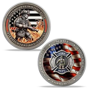 Imagem de Moeda do Desafio do Herói Bombeiro - Honrando Bombeiros com Coragem, Compromisso e Design da Bandeira Americana - Símbolo de Apreciação e Bravura para Heróis do Corpo de Bombeiros