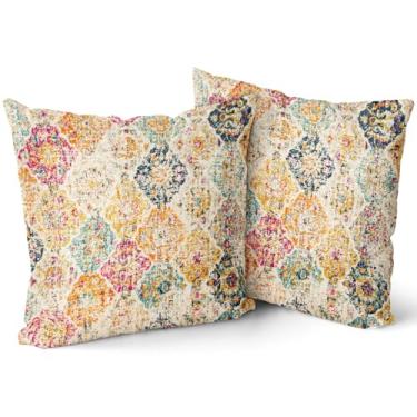 Imagem de Capas de almofada boêmias vintage azul-petróleo laranja rosa choque 45,7 x 45,7 cm amarelo bege boho, conjunto de 2 tapeçarias antigas almofadas rústicas retrô para almofada sofá ao ar livre