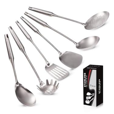 Imagem de SUPAURORA Conjunto De Utensílios De Cozinha De Aço Inoxidável Com 6 Peças, Incluindo Porta-Utensílios (Sem Custo Adicional), Escumadeira, Concha De Sopa, Servidor De Macarrão, Colheres De Servir, Es