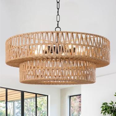 Imagem de LamQee Lustres De Vime De Fazenda Para Sala De Jantar, Luminária De Lustre Boho De 5 Luzes Com Abajur De Vime Trançado À Mão, Grandes Luzes Pendentes De Vime, Iluminação Suspensa De Teto, Ilha De Co