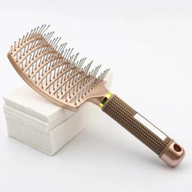 Imagem de Escova de cabelo desembaraçadora para cabelos cacheados molhados, pente de massagem para couro cabeludo feminino, ferramentas de estilo de cabeleireiro fofo para salão de beleza (dourado - sem cerdas)