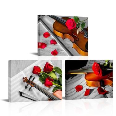 Imagem de xiysien Arte de parede musical rosa violino decoração de parede tema violino notas musicais imagens impressões emolduradas arte para quarto sala de estar 30,5 x 40,6 cm x 3 peças