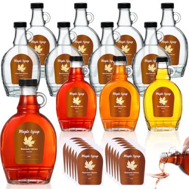 Imagem de Maxdot 12 garrafas de vidro de xarope de bordo de 236 ml, garrafas de vidro transparentes reutilizáveis com tampas, alça de laço e 12 peças de adesivos de xarope de bordo, recipiente transparente para