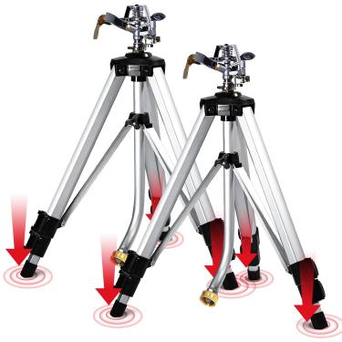 Imagem de YAMATIC Aspersor de impacto na base do tripé, área grande de 360 graus, pulverizador ajustável resistente para gramado e grama, spray de até 6 a 27,4 m (91,4 cm) cabeça de zinco, 2 peças