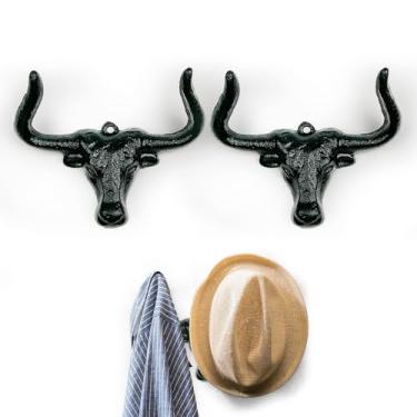 Imagem de DZHPSRSZ Pacote com 2 suportes de chapéu de cowboy para parede, cabide de chapéu de cowboy de ferro fundido, suporte de chapéu de cowboy Western Longhorn, hacks de chapéu para quarto, sala de estar