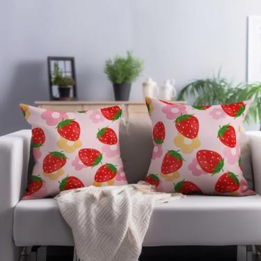 Imagem de Cryfox Capas de almofada de morango 45,7 x 45,7 cm conjunto de 2 capas de almofada decorativas de verão rosa vermelho primavera floral casa de fazenda capas de almofada quadradas sofá-cama decoração
