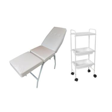 Imagem de Kit Branco Maca 3 Posições + Carrinho roda Tatuagem Estética - HENVIFE