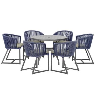 Imagem de Mesa com 6 Cadeiras de Jantar Roma 120cm e Noronha em Alumínio Preto Corda Náutica Estofado 8 Trama Original