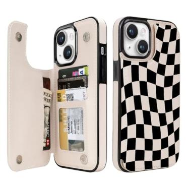 Imagem de uCOLOR Capa carteira compatível com iPhone 14/15 Plus de 6,7 polegadas com compartimentos para cartões, suporte de couro PU, fecho magnético e capa com bloqueio de RFID (Dune Mirage Checkered)