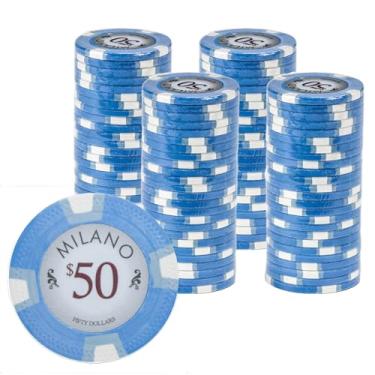 Imagem de Gamers Lounge Fichas de pôquer Milano 10 gramas Casino Clay (pacote com 100) - Argila real, aparência vintage de cassino ($50 azul claro)