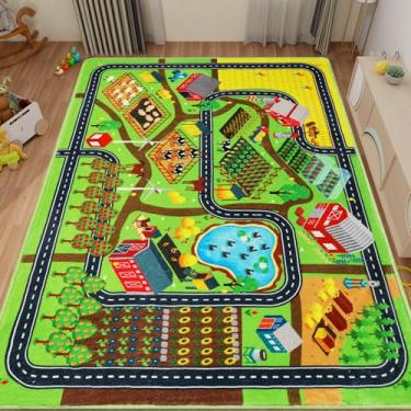 Imagem de Tapete infantil para carros de brinquedo, 140 cm × 78 cm, vida agrícola, trânsito rodoviário para sala de jogos, carro infantil, tapete de mapa de vila, animais de fazenda, lavável, para crianças